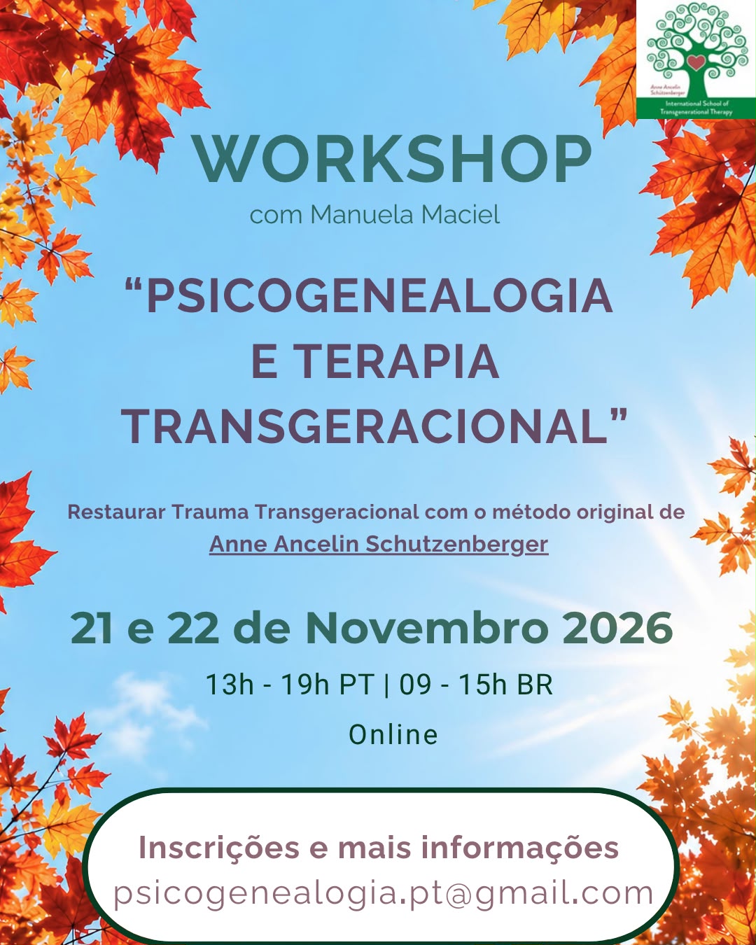 Flyer do workshop de Psicogenealogia e Terapia Transgeracional, 21 e 22 de novembro de 2026